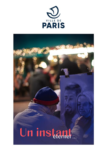 Affiche, un instant éternel. Représente un homme qui dessine le portrait d'un couple.